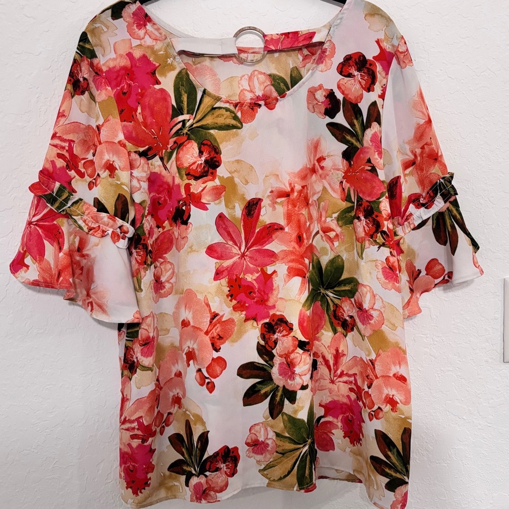 Pink and Red Ruffled Flutter Sleeve Blouse